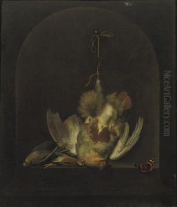 A Dead Partridge Hanging From A Nail With Two Other Dead Birds In A Painted Niche, A Butterfly Nearby by Ottmar The Elder Elliger
