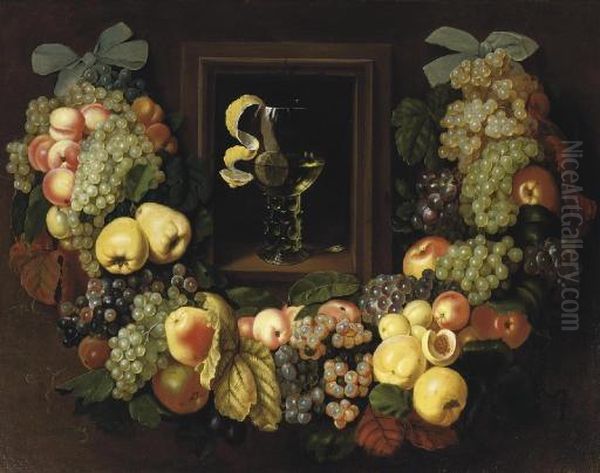 A Garland Of Grapes, Peaches, Plums And Apples Hanging From Two Blue Ribons Surrounding A Niche With A 'roemer' With White Wine And A Partially Peeled Lemon - view 1