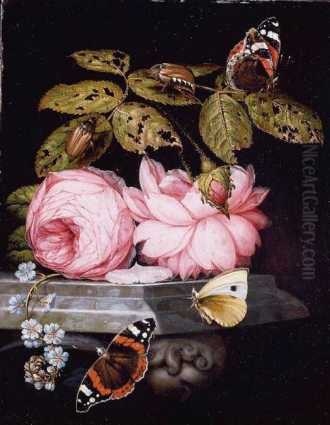 A Still Life With Sprigs Of Guelder-rose And Forget-me-not Resting On A Sculpted Marble Ledge, And Red Admiral Butterflies And A Cabbage White, And Large Bugs - view 1