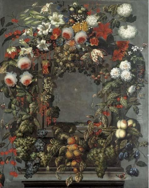 A Garland Of Lilies, Rose, Tulips And Other Flowers With Bunches Of Black And White Grapes On The Vine, Cherries, Strawberries And Other Fruit Around A Stone Niche With A Spider - view 1