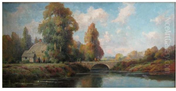 House By River With People And Stone Bridge - view 1