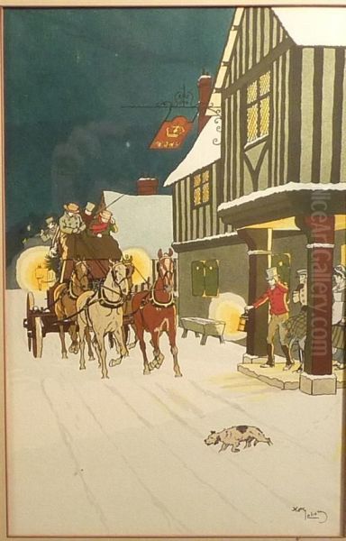 Four Men Riding Down A Snow-covered Street In A Carriage, Pulled By Four Horses, During The Night. - view 1