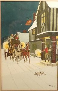 Four Men Riding Down A Snow-covered Street In A Carriage, Pulled By Four Horses, During The Night. by Henry Elliot