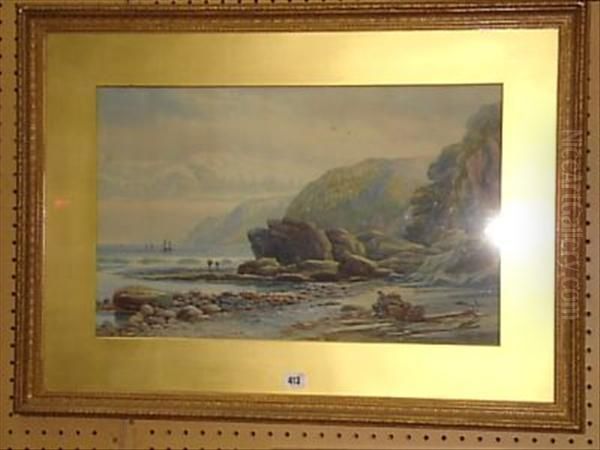 Charlestown Beach Looking Towards The Lizard Peninsula Cornishmarine Coastal Scene With Fishermen And Boats Beneath Rugged Cliffswatercolour Signed And Dated '73 Lower Right 82 Cm X 59 Cm Seeillustration On Our Website - view 1