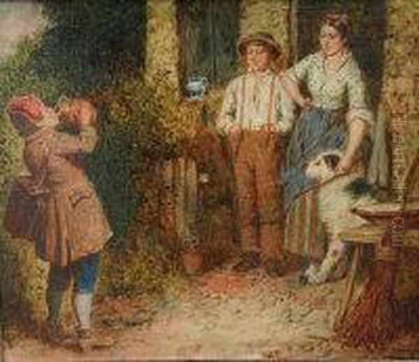 Young Musician And Figures With A Dog In A Cottage Doorway - view 1