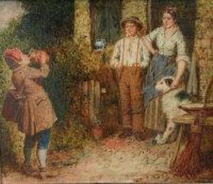 Young Musician And Figures With A Dog In A Cottage Doorway by Robinson Elliot