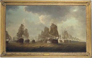 Admiral Rodney's Flagship Formidable Firing A Starboard Broadside Into Enemy Ships At The Battle Of The Saintes by William Lieut. Elliott
