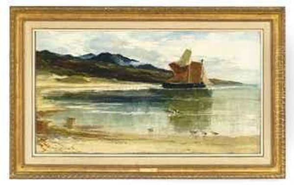 A Boat Moored In A Cove, Seagulls In The Foreground - view 1
