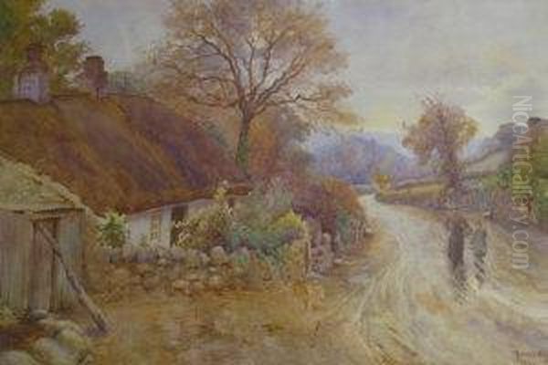 Rural Landscape With Figures In Lane By Thatched Cottage - view 1