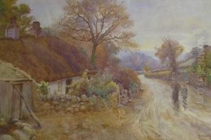 Rural Landscape With Figures In Lane By Thatched Cottage