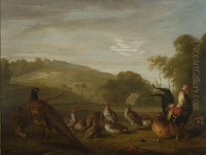 Pheasant, A Cockerel And Other Game Birds In A Landscape by Stephen Elmer
