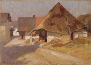 Haus Mit Strohdach In Moriken - Ruckseitig: Schneelandschaft by Franz Elmiger