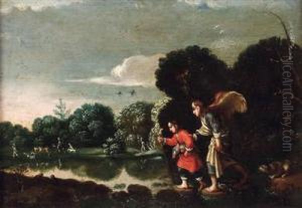 Der Hl. Erzengel Raphael Mit Tobias In Fluslandschaft Mit Personenstaffage - view 1