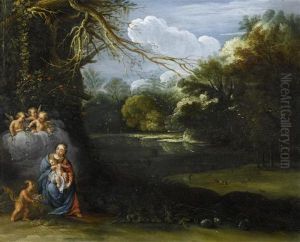 Madonna And Child With Angels In A Landscape.