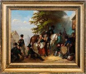 Dorfliche Strasenszene Mit Feiernden Preusischen Husaren by Ludwig Elsholtz