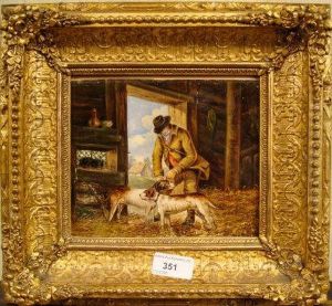 An Interior Of A Barn With A Huntsman Leashing His Hounds by T.W. Elvidge