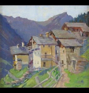 Chalets In The Alps, Mountains In The Distance by Mary Dawson Elwell
