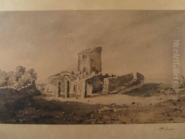 Suite De Trois Lavis D'encre Sur Papier Representant Une Bastide Romaine A Frejus, Et Deux Vue De Ruines - view 1