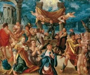 Allegorische Szene. Einem Kindlichen Mitglied Des Erzhauses Habsburg Werden Die Attribute Von Weisheit Und Macht Von Fliegenden Engeln Uberreicht. by Johann Emerich