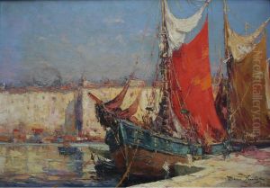 Boats At A Waterfront In A French Harbour by Pierre-Paul Emiot