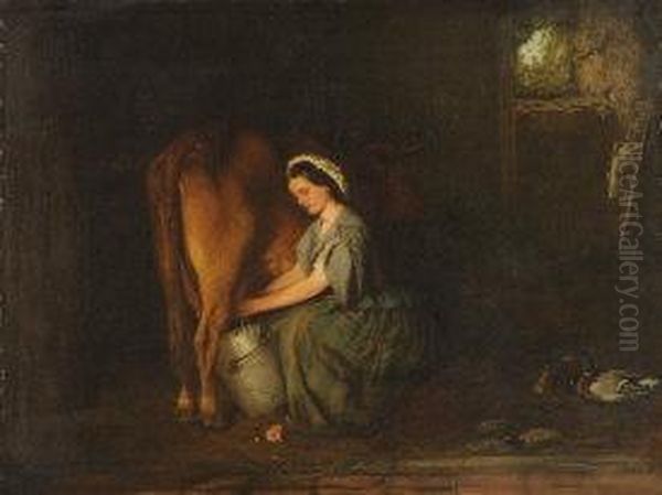 Milking Time: Young Woman Wearing A Laceedged Cap And Blue Gown Milking A Cow In A Stone Byre - view 1
