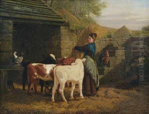 Peasant Woman With Three Little Calfs by Henry Hetherington Emmerson