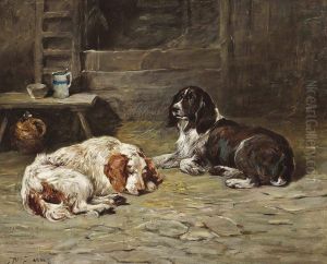 Two Spaniels In A Barn by John Emms
