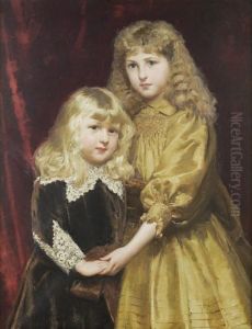 Portrait Of Jessica And Thomas Frost, She In A Gold Silk Dress, Her Brother In Van Dyck Costume by Alfred Edward Emslie