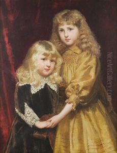 Portrait Of Jessica And Thomas Frost, She In Agold Silk Dress, Her Brother In Van Dyck Costume by Alfred Edward Emslie