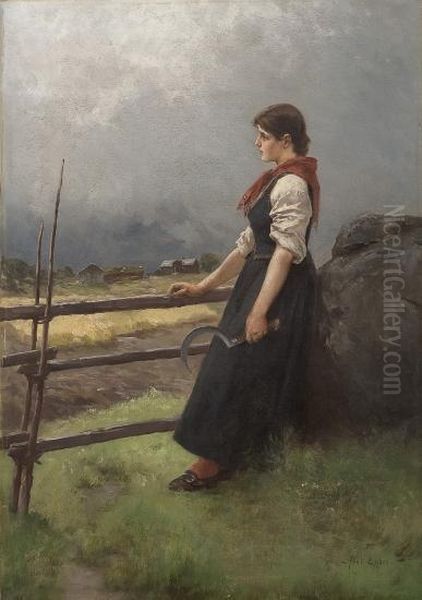 Girl With A Sickle By A Rail Fence - view 1