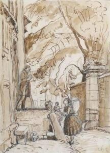 Das Gesprach In Der Gasse. Braun Lavierte Bleistiftzeichnung. 26 X 18,5 Cm. Rechts Unten Monogrammiert: Ohe. by Otto Heinrich Engel