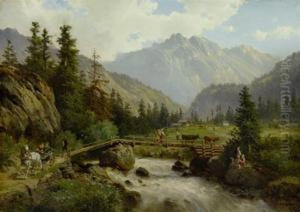 Idyllic Mountain Landscape With Travellers - view 1