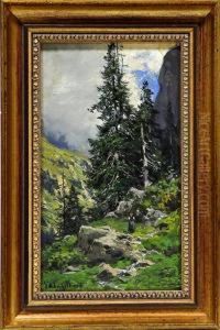 Nebelverhangene Gebirgsschlucht Mit Wanderern by Georg Hermann Engelhardt