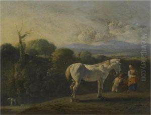 A Landscape With A White Horse And Travellers, A River Beyond, Possibly Tobias And The Angel