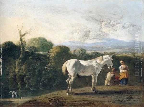 A Landscape With A White Horse And Travellers Resting In The Foreground, Figures Beside A River On The Left (possibly Representing Tobias And The Angel) - view 1