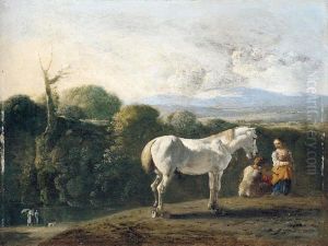 A Landscape With A White Horse And Travellers Resting In The Foreground, Figures Beside A River On The Left (possibly Representing Tobias And The Angel) by Bartholomeus Engels