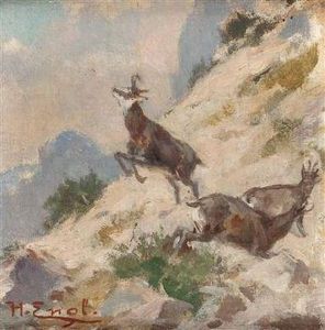 "dreiaufgescheuchte Gemsen Im Hochgebirge" by Hugo Engl