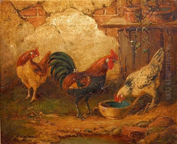 Chickens And Cockerell Feeding, And Another Similar - view 1