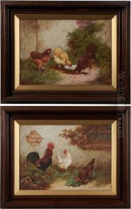 Pair Of Paintings: Chickens Feeding In A Farm Yard