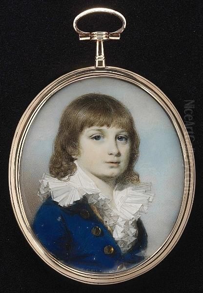 A Boy, Wearing Royal Blue Coat With Large Brass Buttons, Cream Waistcoat And White Chemise With Frilled Wide Collar. - view 1