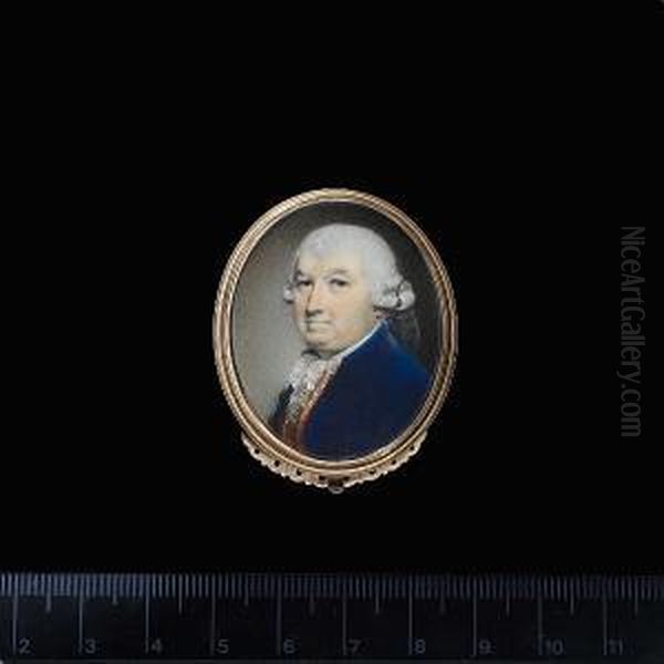 A Gentleman, Wearing Blue Coat, Red Waistcoat With Silver Embroidered Trim, Frilled White Lace Cravat And Powdered Wig With Side Buckles Worn - view 1