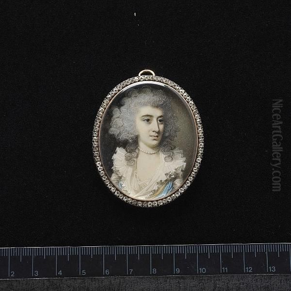 Mrs Manette, Wearing White Dress With Frilled Collar, Blue And Yellow Sashes Across Her Bodice And Pearl Necklace, Her Hair Powdered. - view 1