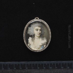 Mrs Manette, Wearing White Dress With Frilled Collar, Blue And Yellow Sashes Across Her Bodice And Pearl Necklace, Her Hair Powdered. by George Engleheart
