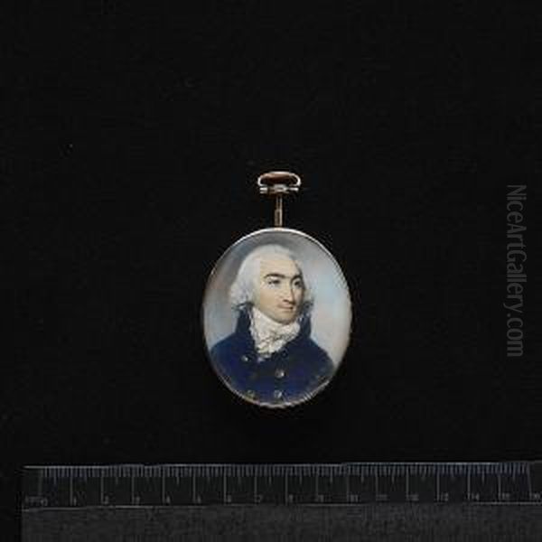 A Gentleman, Wearing Double-breasted Blue Coat With Gold Buttons, White Waistcoat, Frilled Chemise And Stock, His Hair Powdered. - view 1