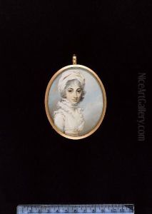 Miss Scott, Wearing White Dress With Frilled Collar And Shoulder Caps, Pale Peach Ribbon Around Her Waist And Shoulder, Double Frilled Standing Collar And Turban Striped With Cream Ribbon. by George Engleheart