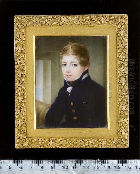 Augustus Morgan R.n., As A Young Midshipman, Wearing Blue Uniform, The Gold Buttons Stamped With Anchors, Frilled White Chemise And Tied Black Stock, A Cannon And Gun Port In The Background - view 1