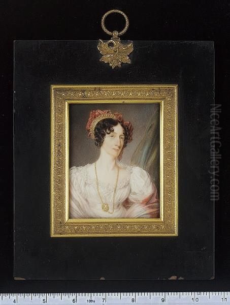 A Lady, Wearing White Dress With Frilled Neckline, Her Belt With Gilt-metal Clasp, A Gold Chain At Her Neck, A Red Silk Turban Held With A Gold Tiara In Her Brown, Curled Hair, A Shawl Around Her Shoulders, Green Curtain Background - view 1