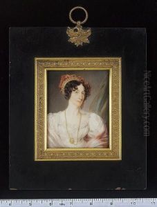 A Lady, Wearing White Dress With Frilled Neckline, Her Belt With Gilt-metal Clasp, A Gold Chain At Her Neck, A Red Silk Turban Held With A Gold Tiara In Her Brown, Curled Hair, A Shawl Around Her Shoulders, Green Curtain Background A Lady, Wearing White Dress With Frilled Neckline, Her Belt With Gilt-metal Clasp, A Gold Chain At Her Neck, A Red Silk Turban Held With A Gold Tiara In Her Brown, Curled Hair, A Shawl Around Her Shoulders, Green Curtain Background