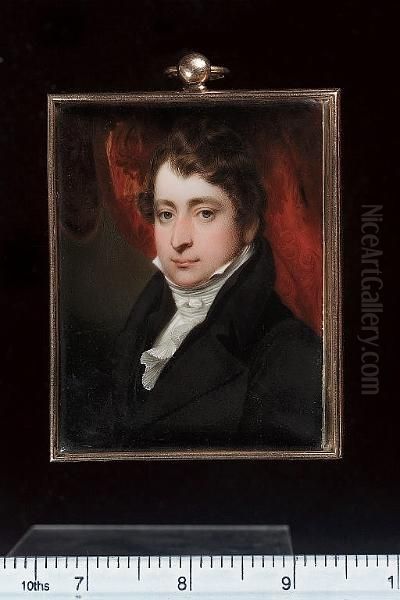 A Young Gentleman, Wearing Black Coat, Frilled White Chemise And Tied Stock, Red Curtain Background - view 1