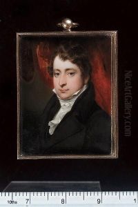 A Young Gentleman, Wearing Black Coat, Frilled White Chemise And Tied Stock, Red Curtain Background
